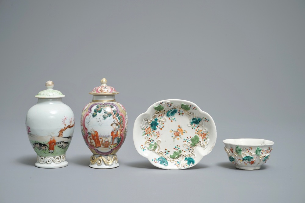 Two Chinese famille rose tea caddies and a relief-decorated cup and saucer, Yongzheng/Qianlong