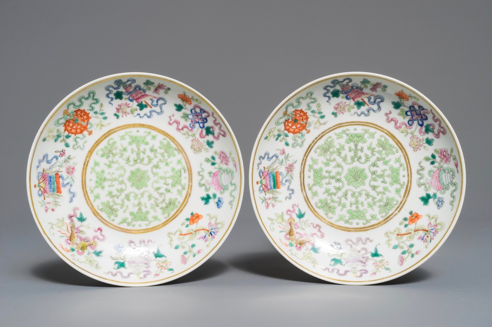 A pair of Chinese famille rose baijixiang plates with Eight Buddhist Emblems, Tongzhi mark and of the period
