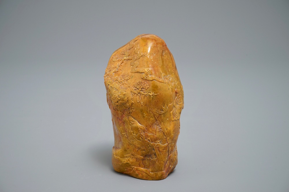 A Chinese carved Shoushan soapstone boulder with landscape design, 19/20th C.