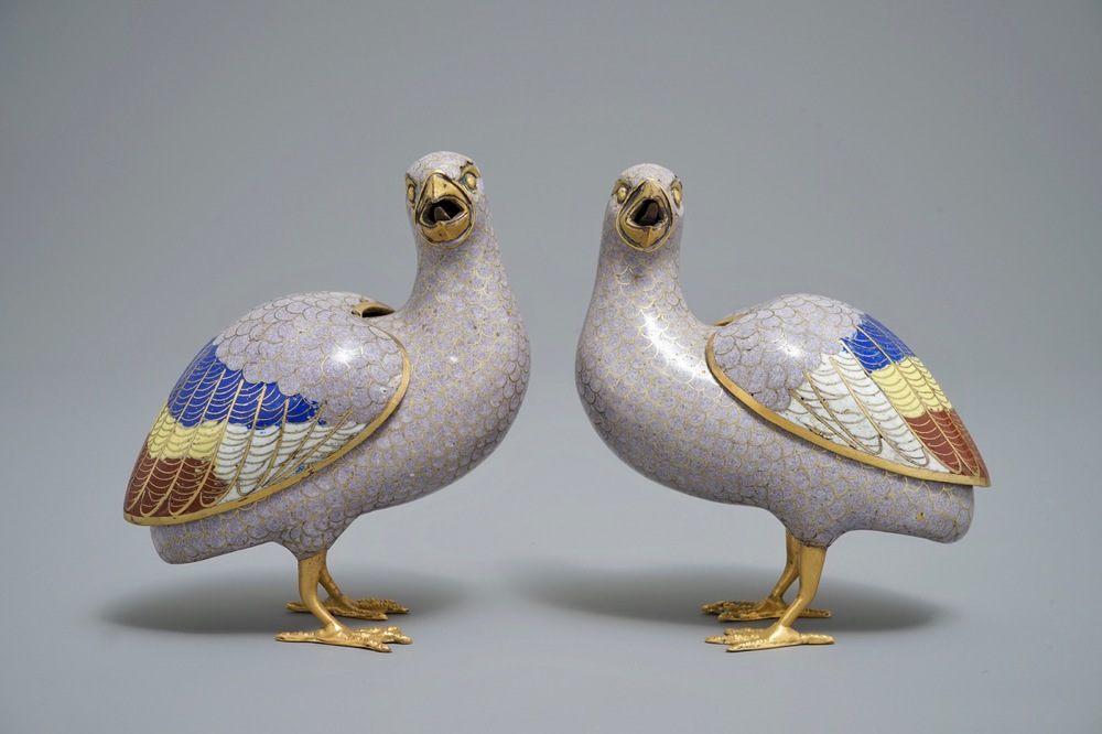 A pair of Chinese cloisonn&eacute; enamel quail censers and covers, 18th C.