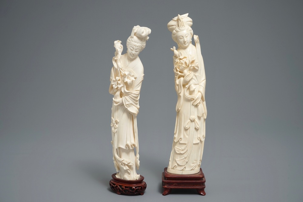 Two Chinese carved ivory figures of ladies with blossoms, 1st half 20th C.