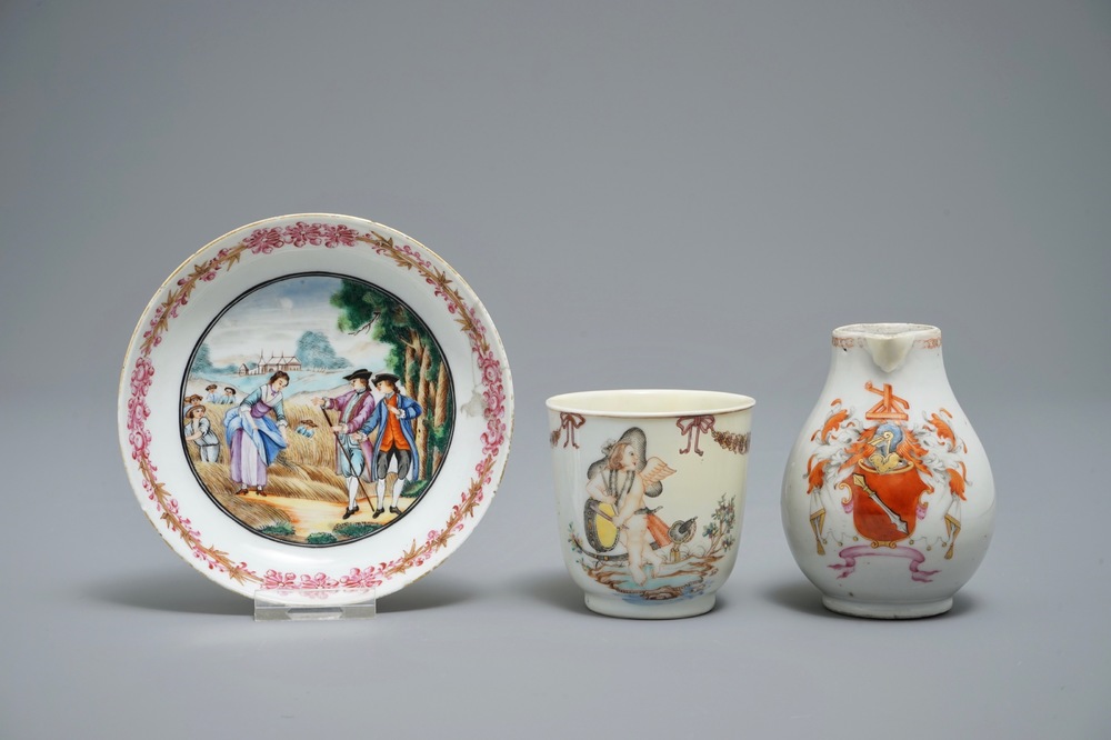 A Chinese famille rose export milk jug, a saucer and a cup, Qianlong