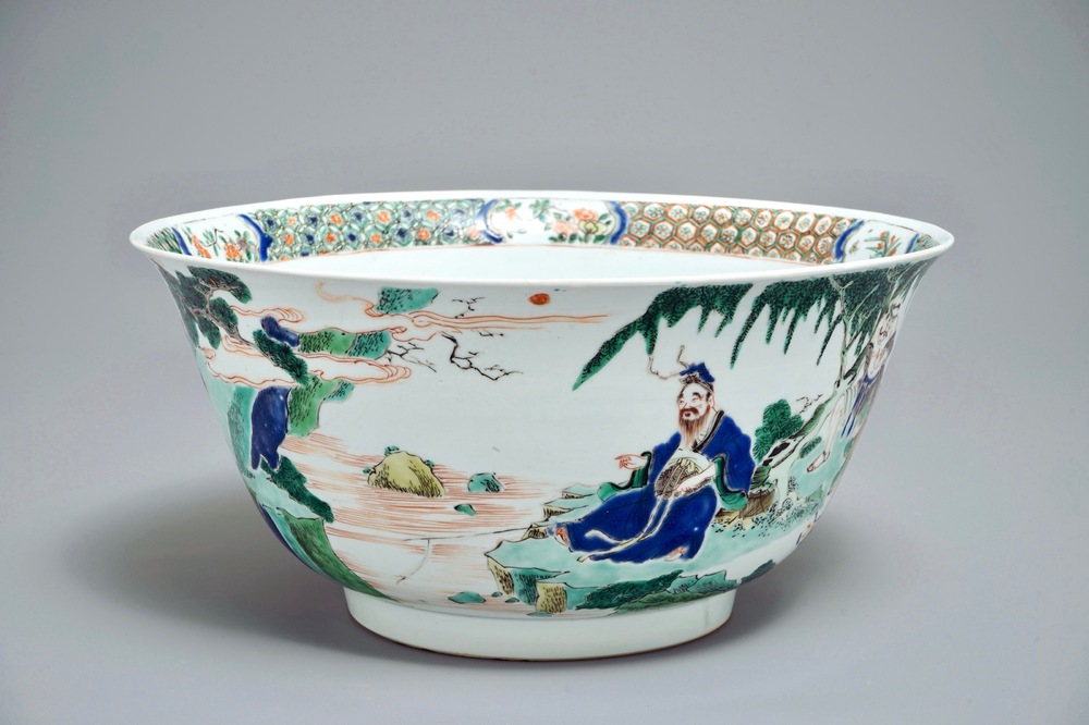 A large Chinese famille verte bowl with figures in a landscape, Kangxi