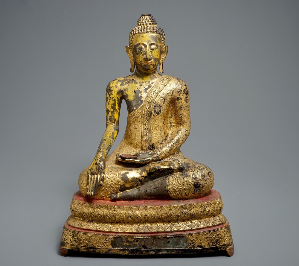 A large Thai gilt bronze Buddha seated on a lotus throne, Rattanakosin, 19th C.