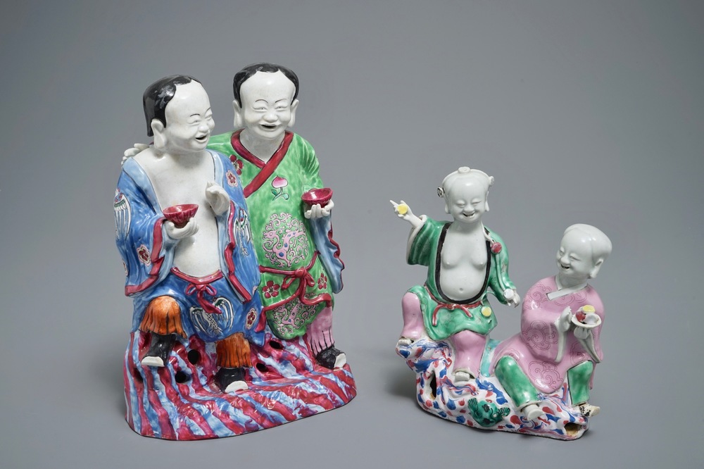 Two Chinese famille rose groups of the Hehe Er Xian brothers, 18th and 19th C.