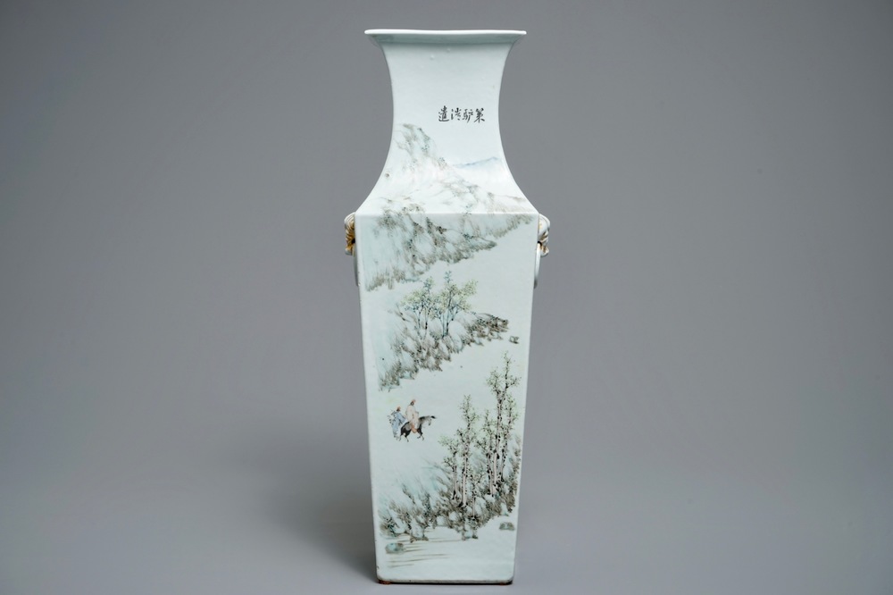 A square Chinese qianjiang cai vase, signed Ma Qing Yun, 19/20th C.