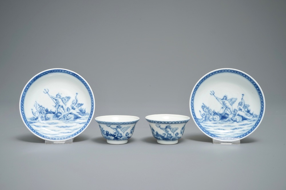 A pair of Chinese blue and white mythological cups and saucers depicting Neptune, Qianlong