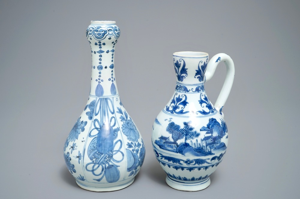A Chinese blue and white landscape jug and a bottle vase with taoist symbols, Transitional period and Wanli