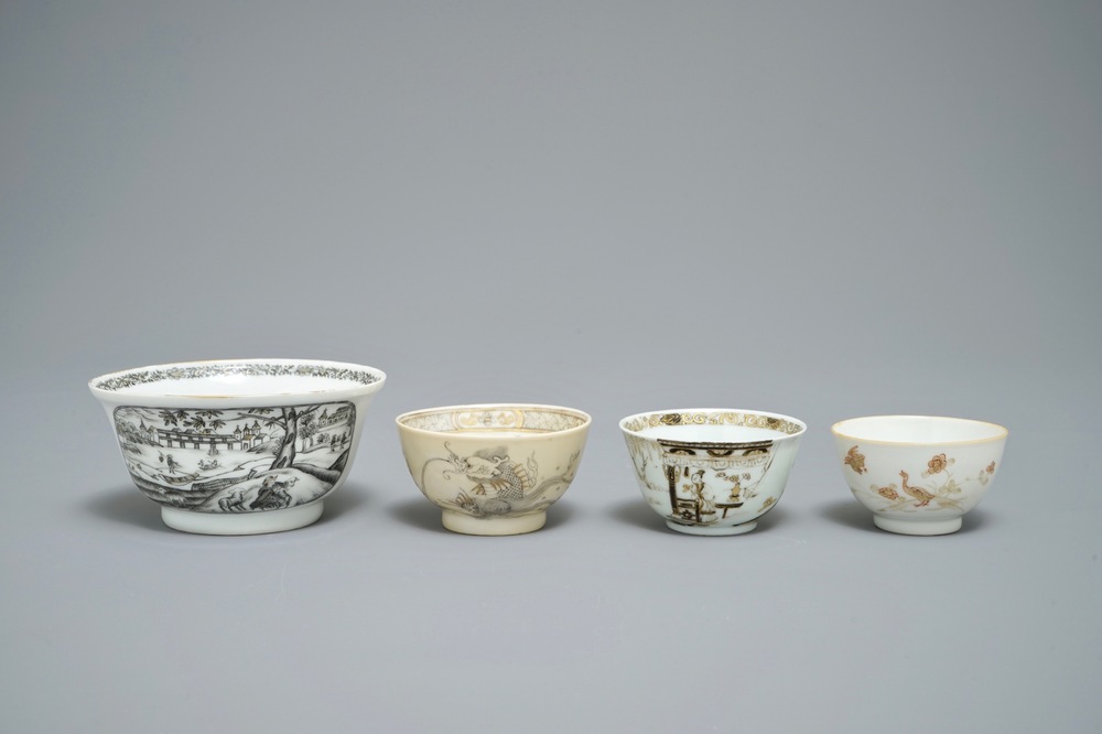 A Chinese grisaille and gilt bowl and three cups, Yongzheng/Qianlong