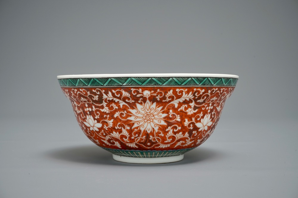 A Chinese coral-ground lotus scroll bowl, Jiaqing mark, 19/20th C.