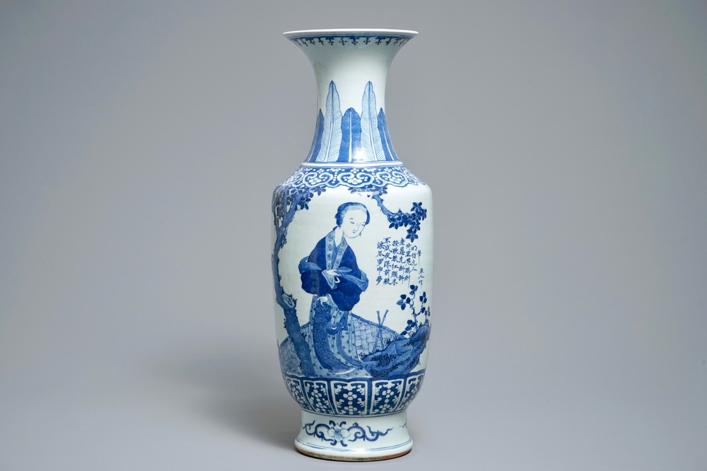 A large Chinese blue and white vase with a lady and calligraphy, 19th C.