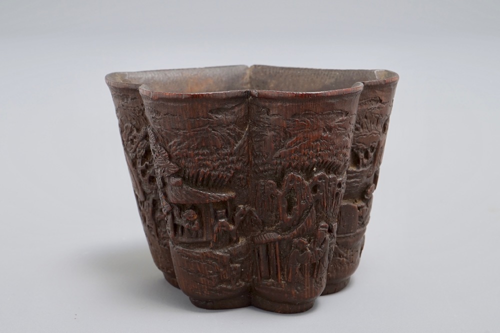 A Chinese carved bamboo ritual cup with calligraphic inscription, 19th C.