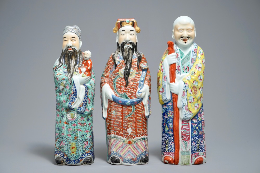 A set of three Chinese famille rose figures of Immortals, 19/20th C.