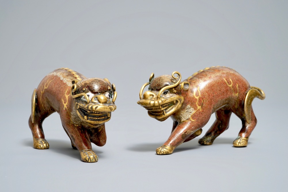 A pair of Chinese cloisonn&eacute; and gilt bronze models of qilins, Qianlong