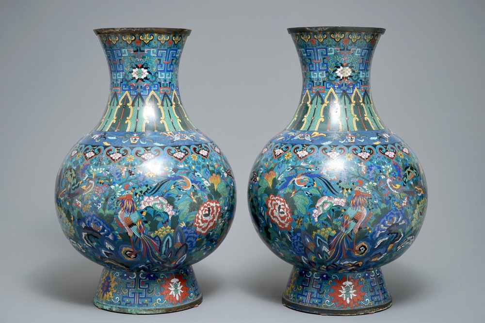 A pair of large Chinese cloisonn&eacute; vases, 19th C.