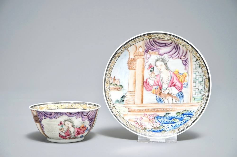 A fine Chinese famille rose cup and saucer with a lady and her dog, Yongzheng