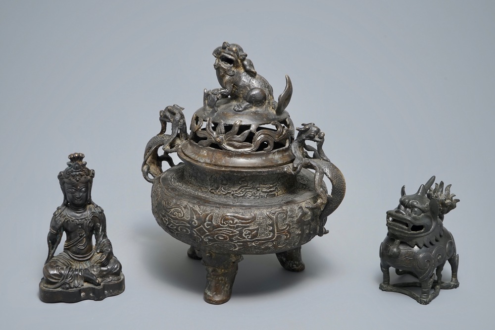 Two Chinese bronze incense burners and a figure of Buddha Shakyamuni, Ming and later