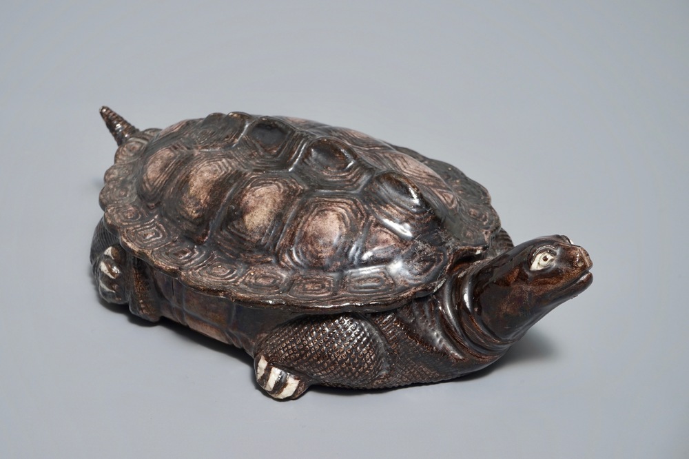 A rare Chinese brown-glazed biscuit tureen and cover in the shape of a turtle, Qianlong