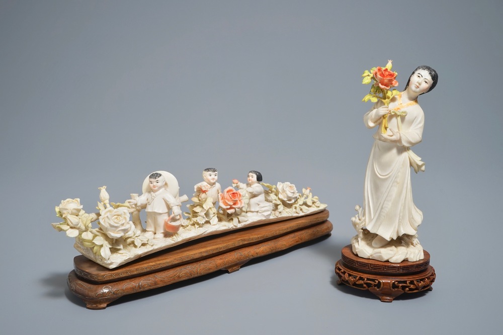 A Chinese polychrome ivory group of children hunting butterflies and one of a lady, first half 20th C.