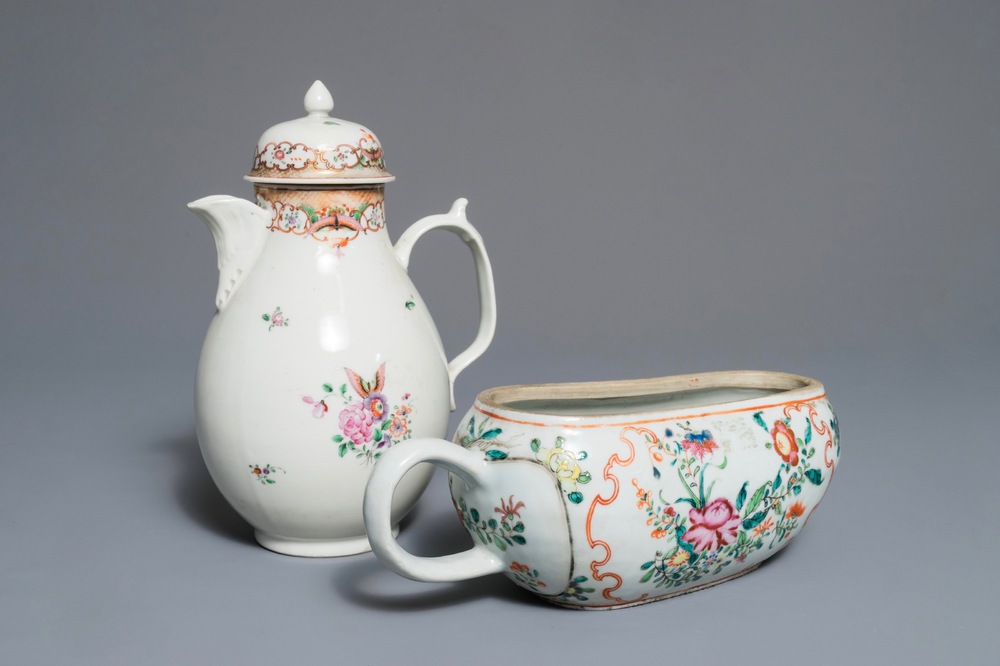 A Chinese famille rose coffee pot and a bourdalou, Qianlong