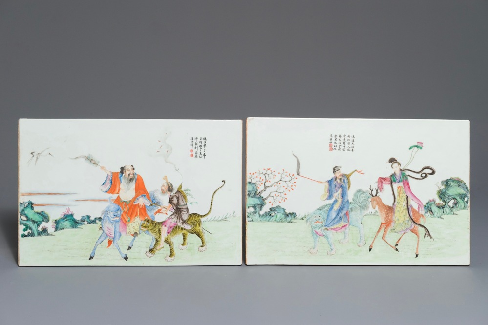 A pair of fine Chinese famille rose plaques with immortals riding their animal, 19/20th C.