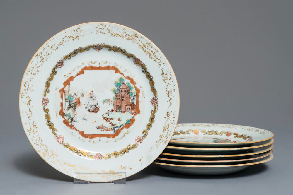 Six assiettes en porcelaine de Chine de style Meissen &agrave; d&eacute;cor de sc&egrave;nes de port, Qianlong