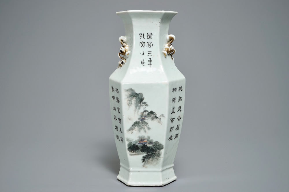 A Chinese hexagonal qianjiang cai vase with landscape design, 19/20th C.