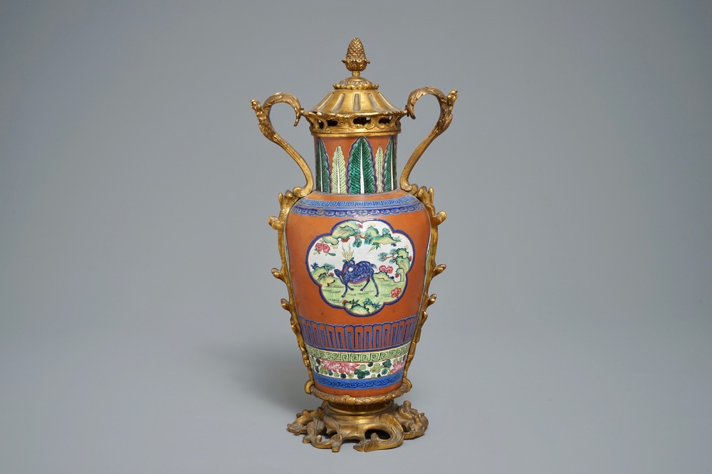 A Chinese gilt bronze-mounted enamelled Yixing vase, 19th C.