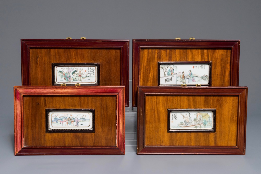 19-20世纪 浅绛彩木框瓷板 四件