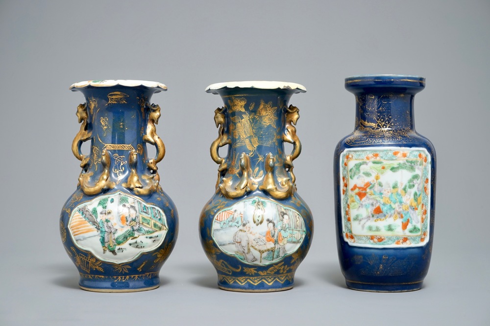 19世纪 蓝黄底五彩瓷瓶 三件
