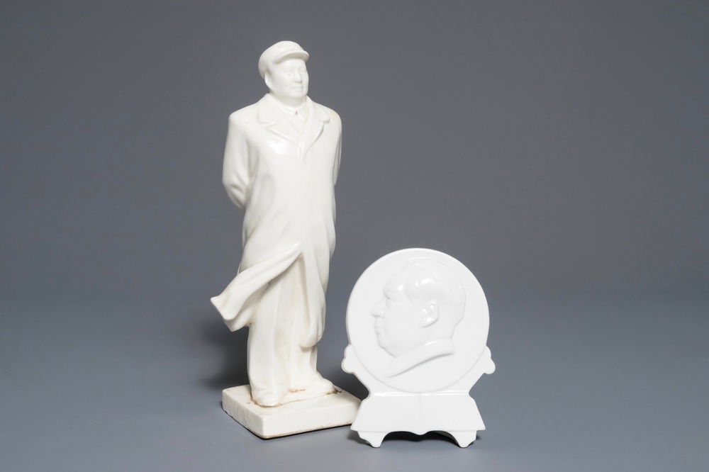 A Chinese figure of Mao Zedong with typical cap and round portrait plaque, 2nd half 20th C.