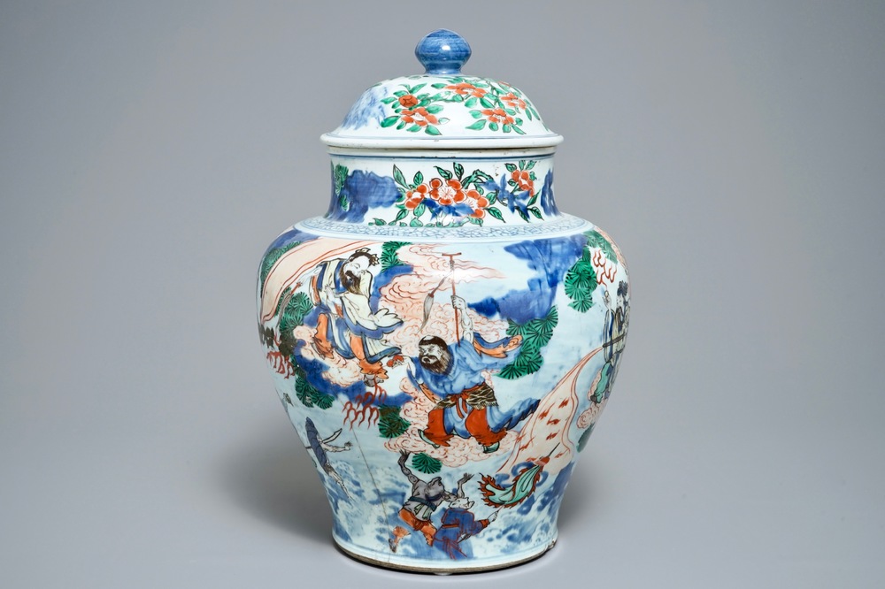 A large Chinese wucai vase and cover with fine mythological design, Transitional period