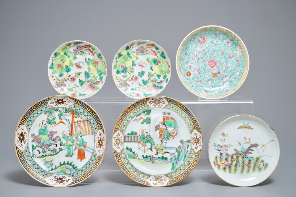 Six assiettes en porcelaine de Chine famille rose et verte, 19/20&egrave;me