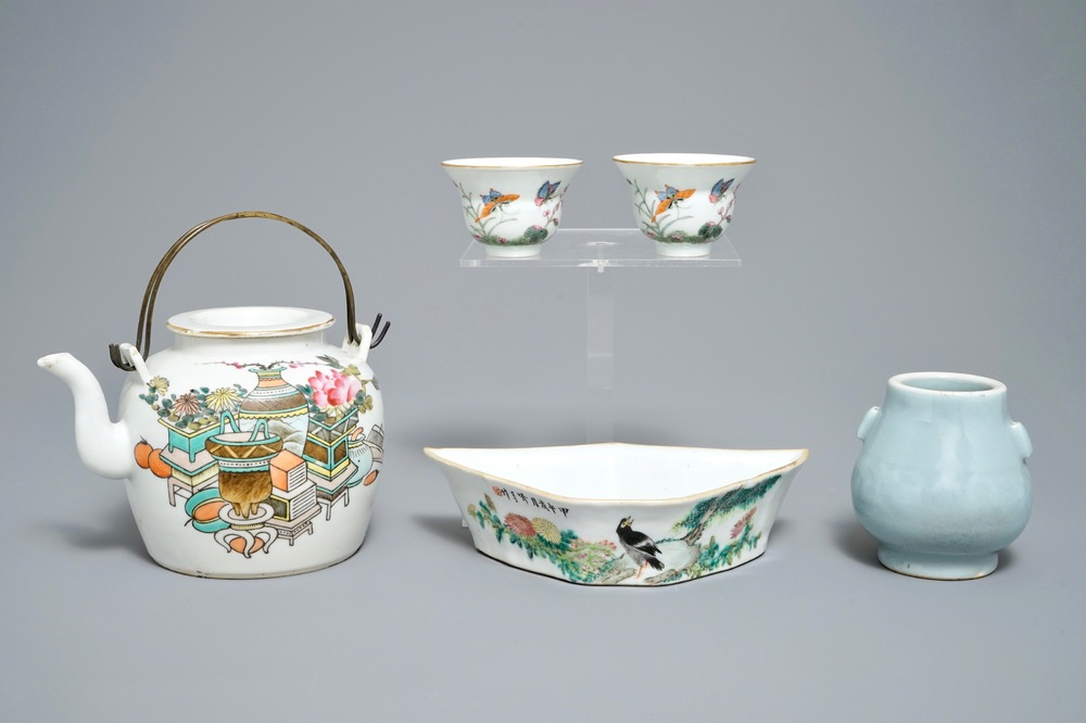 Two Chinese famille rose cups, a qianjiang cai teapot and dish and a miniature hu vase, 19/20th C.