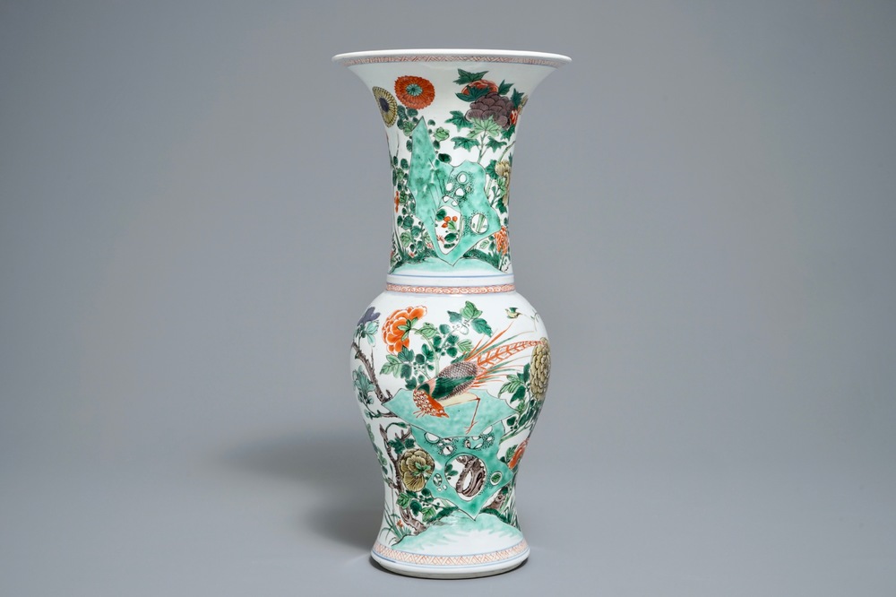 A Chinese famille verte yenyen vase with birds and flowers, Kangxi