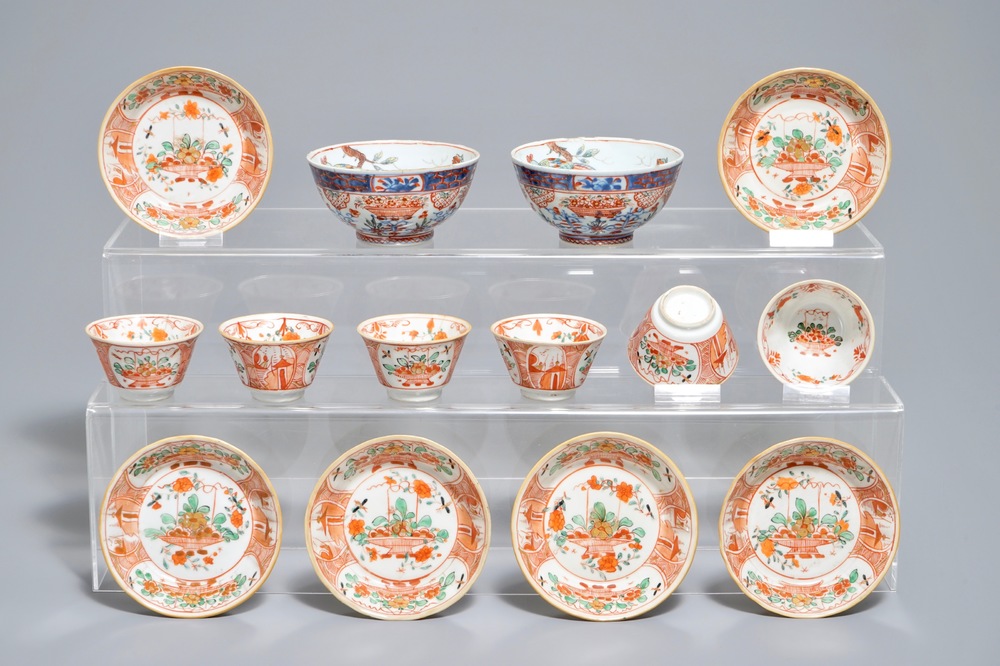 Six Chinese Dutch-decorated Amsterdams bont cups and saucers and two bowls, Kangxi/Qianlong