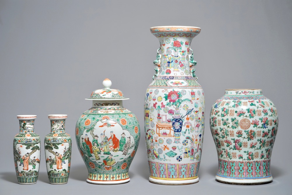 Five Chinese famille rose and verte vases incl. a pair of rouleau vases, 19th C.