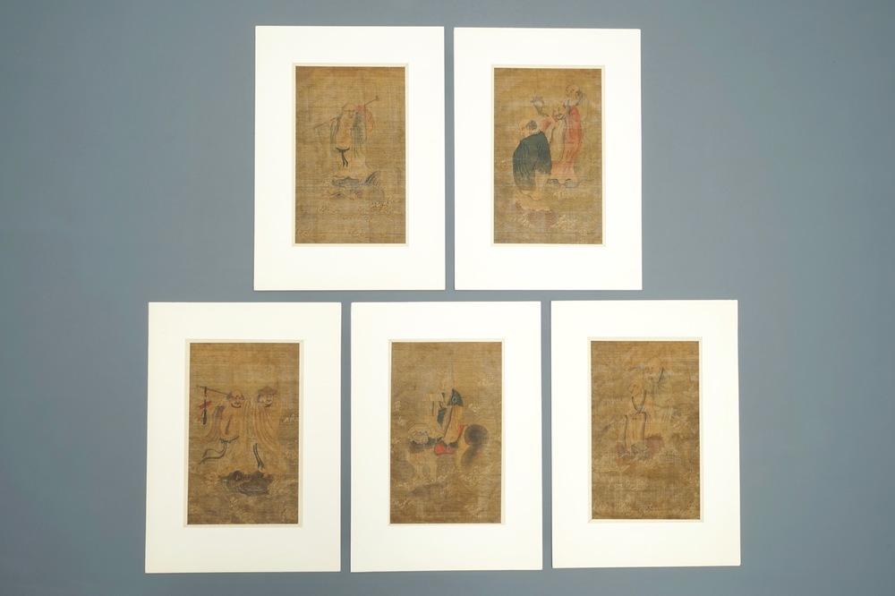 Five Chinese silk painting after Wu Daozi, 18/19th C.