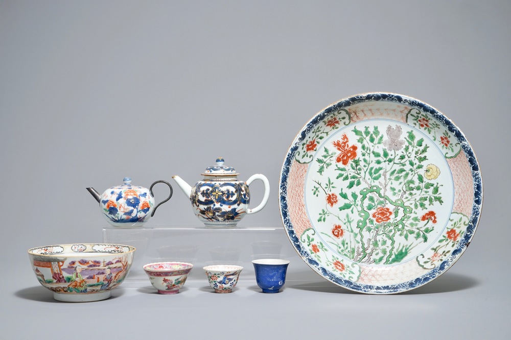 A Chinese famille verte dish, a mandarin bowl, two teapots and three cups, Kangxi and later