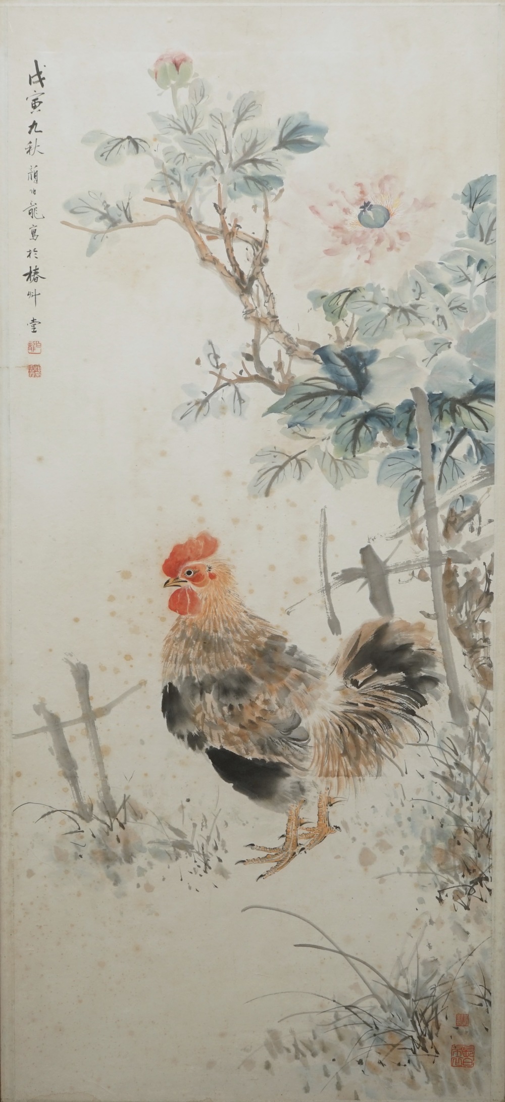 Yan Bolong (1898 -1954), A rooster in a flowery garden, watercolour on paper