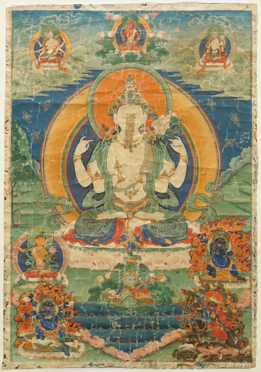 Een thangka met de vierarmige Avalokiteshvara, Tibet, 18/19e eeuw