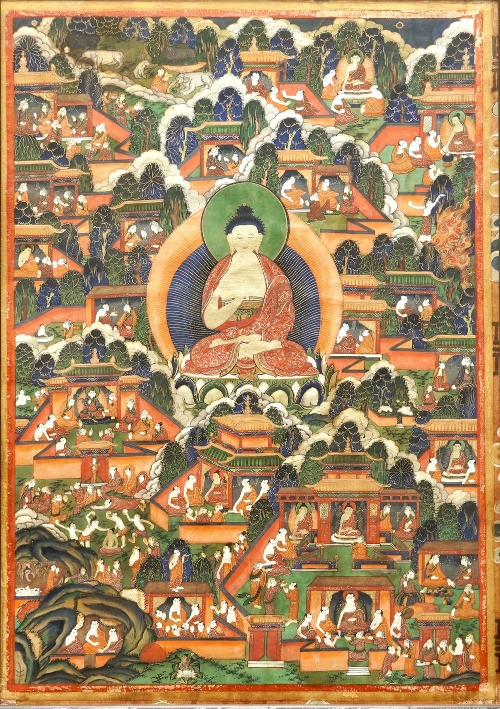 Een thangka met sc&egrave;nes uit het leven van Boeddha, Tibet of Mongoli&euml;, 18/19e eeuw