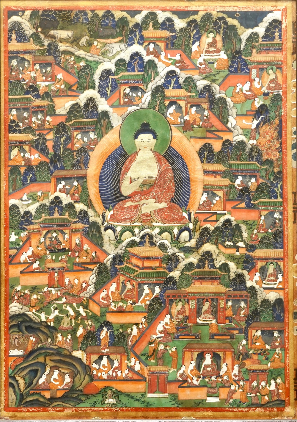 A thangka with scenes from the life of Buddha, Tibet or Mongolia, 18/19th C.