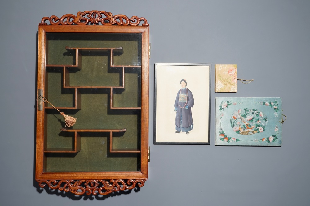 A Chinese carved wood wall display, two rice paper painting albums and a portrait, 19/20th C.