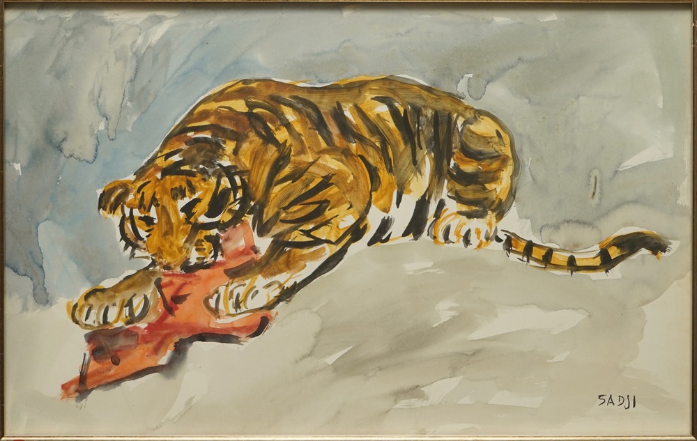 Sadji (Sha Qi, Sha Yinnian) (1914-2005), Een etende tijger, aquarel op papier