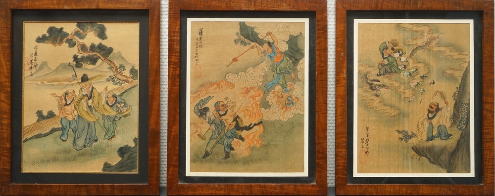Vijf Chinese schilderingen op textiel, 19/20e eeuw