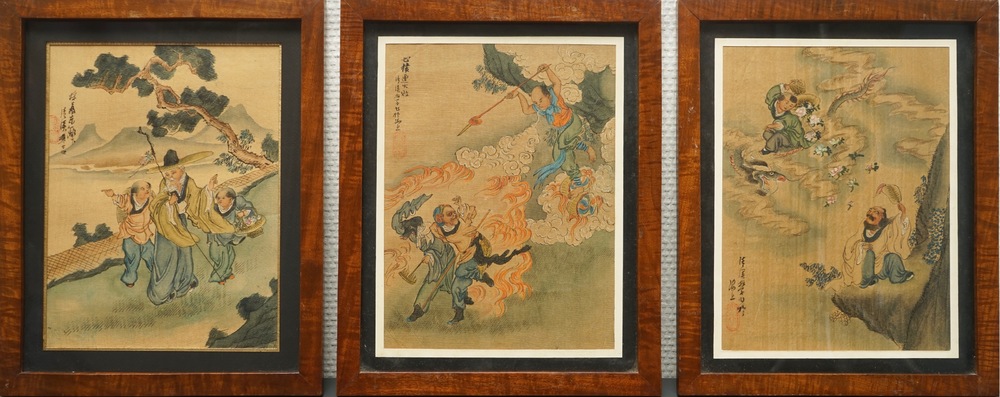 Five Chinese paintings on textile, 19/20th C.