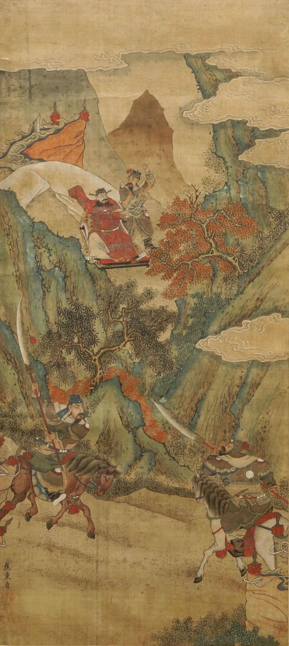 A Chinese watercolour on textile of a battle scene in a mountainous setting, 19th C.