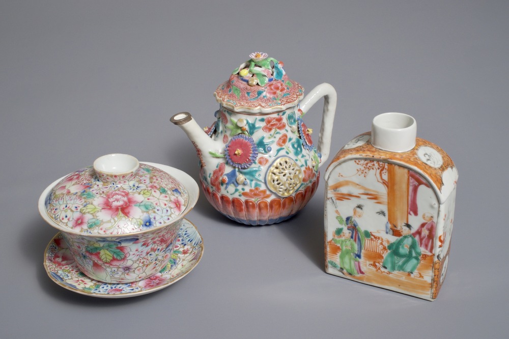 A Chinese famille rose teapot, a tea caddy and a millefleurs bowl on stand, Yongzheng and later