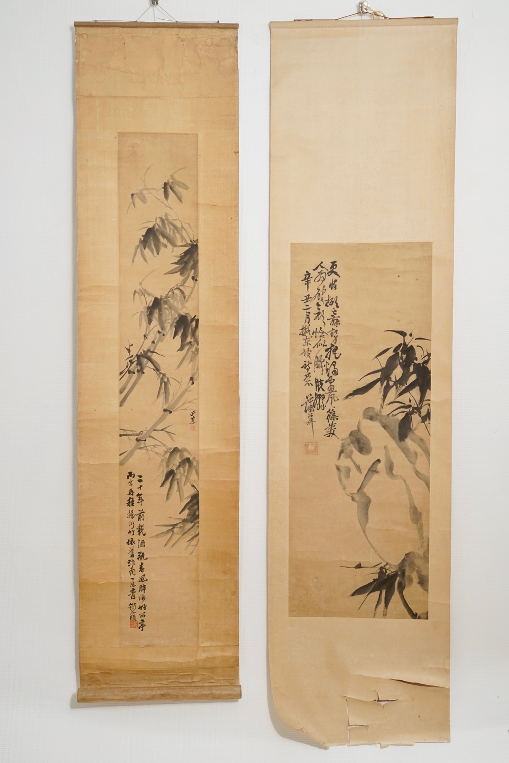 Two Chinese paper scroll paintings of bamboo branches, 19th C.